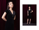 Velvet midi dress with V-neckline and pearl button detail for elegant evening wear